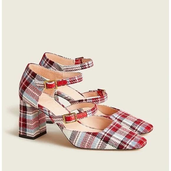 J. Crew Red Plaid Heels - Picture 1 of 13